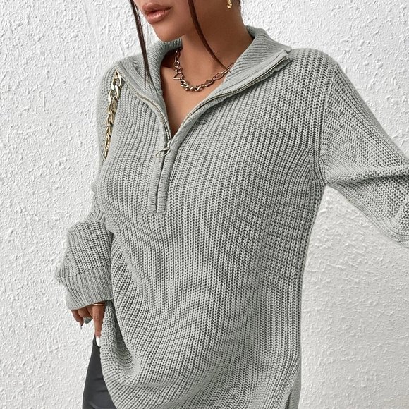 Grey Casual Womens Half Zip Split Hem Drop Shoulder Sweater - Picture 4 of 5